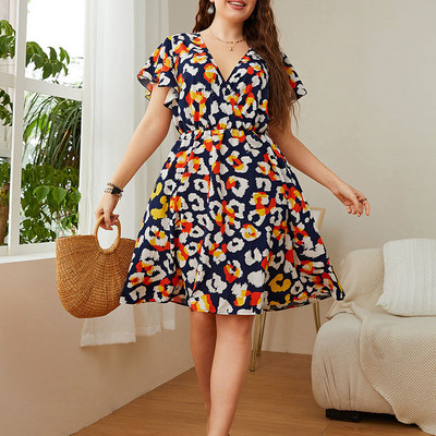 XL-4XL Plus Size Γυναικείο Φόρεμα Καλοκαιρινής Μόδας Μίνι Φόρεμα Γραφείου με κοντό μανίκι βολάν Lady Lady V λαιμόκοψη Φαρδύ υπερμεγέθη φόρεμα για πάρτι