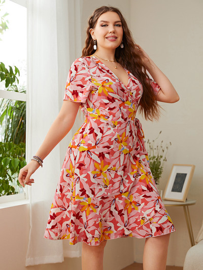 XL-4XL Plus Size Γυναικείο Φόρεμα Καλοκαιρινής Μόδας Μίνι Φόρεμα Γραφείου με κοντό μανίκι βολάν Lady Lady V λαιμόκοψη Φαρδύ υπερμεγέθη φόρεμα για πάρτι