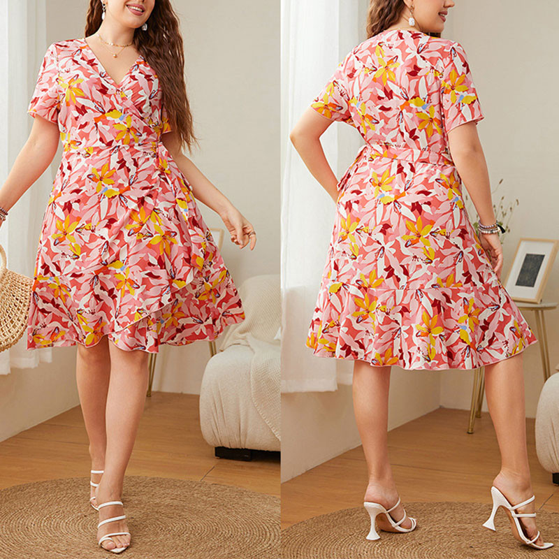 XL-4XL Plus Size Γυναικείο Φόρεμα Καλοκαιρινής Μόδας Μίνι Φόρεμα Γραφείου με κοντό μανίκι βολάν Lady Lady V λαιμόκοψη Φαρδύ υπερμεγέθη φόρεμα για πάρτι