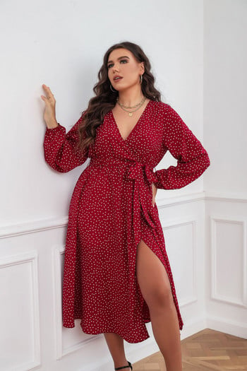 XL-4XL Plus Size Γυναικείο Φόρεμα Σέξι Μίντι Φόρεμα με μακρυμάνικο V λαιμόκοψη με φύλλα Vintage Γυναικείο Γυναικείο Κόκκινο Φόρεμα Φόρεμα 2022