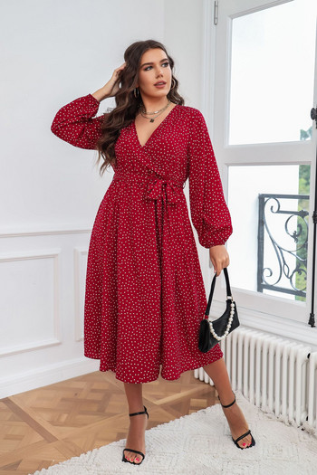 XL-4XL Plus Size Γυναικείο Φόρεμα Σέξι Μίντι Φόρεμα με μακρυμάνικο V λαιμόκοψη με φύλλα Vintage Γυναικείο Γυναικείο Κόκκινο Φόρεμα Φόρεμα 2022