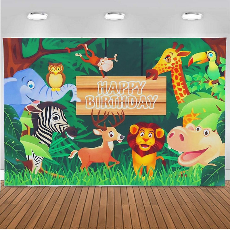 Fundal cu animale din junglă de 150 x 100 cm pentru fundal pentru petrecerea de aniversare a copiilor (nepersonalizat)