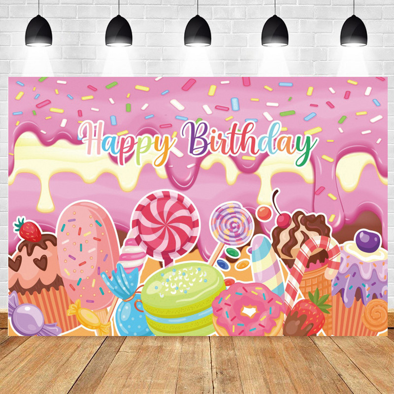 Rózsaszín édes fánk háttér Lány fánkparti háttér fali szalaghirdetés fánk Boldog születésnapi parti dekoráció gyerekeknek fotó kellék