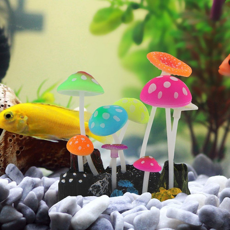 Akvariumo žėrintys grybų papuošimai žuvų rezervuaro silikoninis ornamentas, skirtas gėlo vandens sūraus vandens akvariume Betta žuvims
