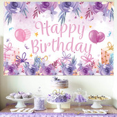 Su gimtadieniu Fonas Violetinė rožinė gėlių fono reklamjuostė Su gimtadienio vakarėlio dekoracija Vaikų mergaičių nuotraukų stendo fonas