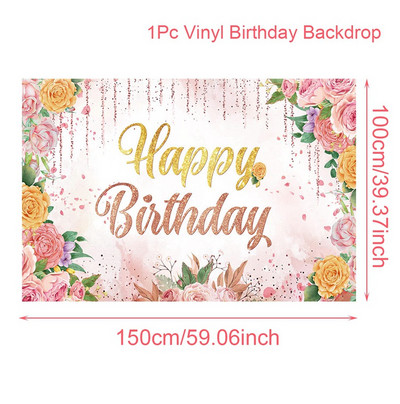 Su gimtadieniu Fonas Violetinė rožinė gėlių fono reklamjuostė Su gimtadienio vakarėlio dekoracija Vaikų mergaičių nuotraukų stendo fonas