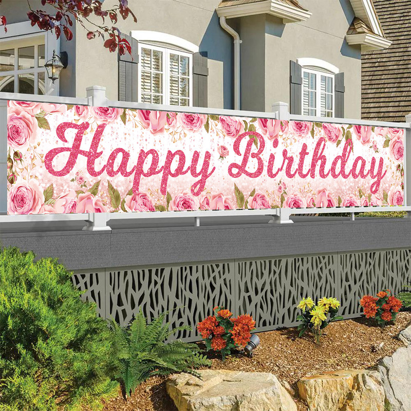 Su gimtadieniu Fonas Violetinė rožinė gėlių fono reklamjuostė Su gimtadienio vakarėlio dekoracija Vaikų mergaičių nuotraukų stendo fonas