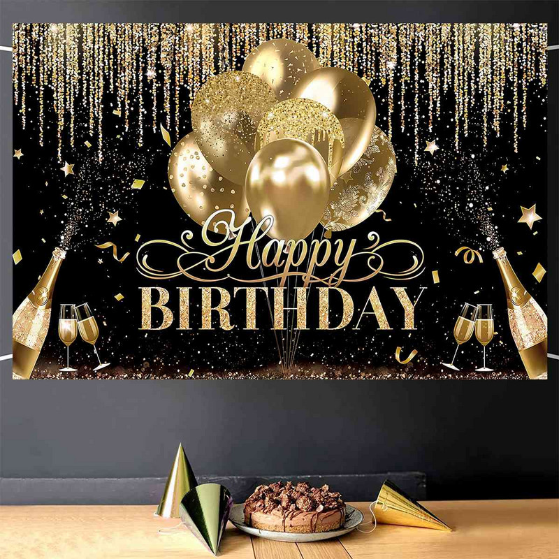 Juodo aukso gimtadienio fonas Auksinis blizgantis nuotraukų stendo fonas Kabanti vėliava Su gimtadienio vakarėlio dekoracija fono reklamjuostė