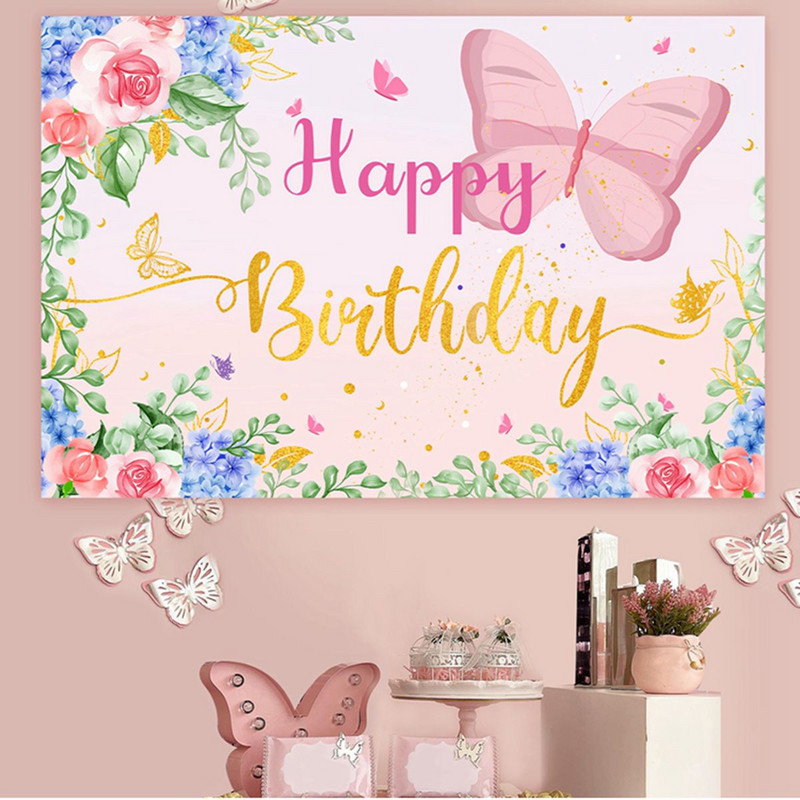Ροζ πεταλούδα σκηνικά για πάρτι γενεθλίων Διακοσμήσεις γάμου Φωτογραφικό περίπτερο Φόντο Baby shower girl που κρέμεται με σημαία στηρίγματα σκηνικού