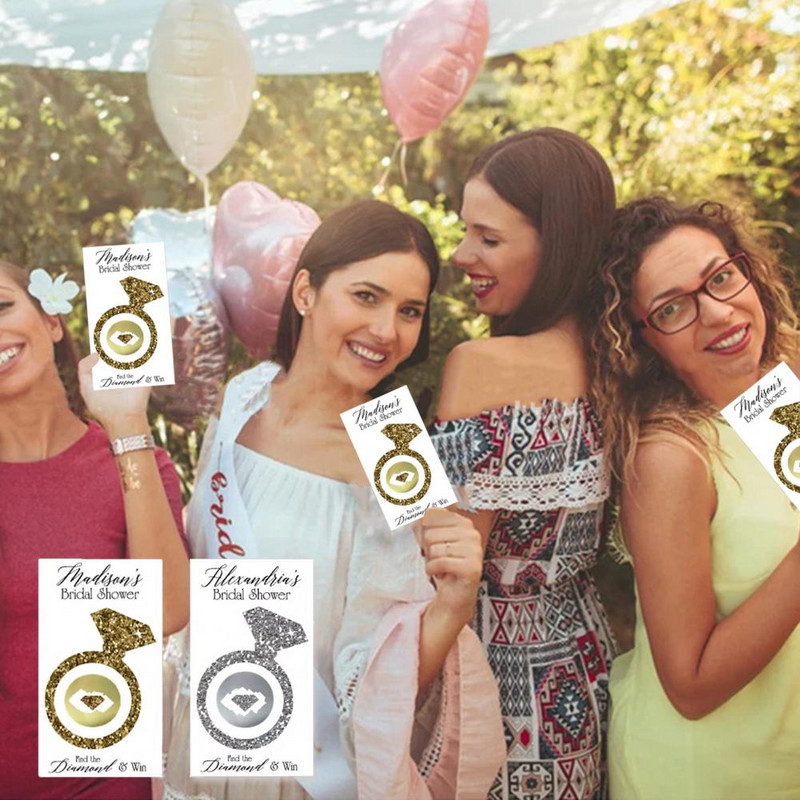 Vestuvių braukiamo lipduko apdovanojimo žaidimas Nubraukiamas lipdukas Blizgantis blizgantis dirbtinis deimantinis žiedas, braižymo vakarėlio žaidimo korta dekoratyvinė