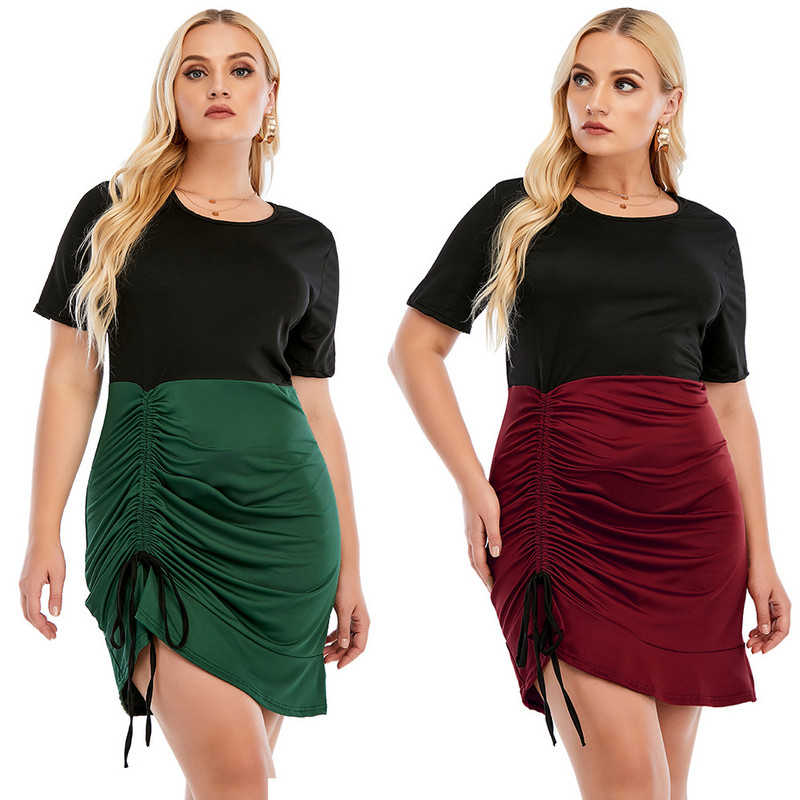 5XL didelio dydžio moteriška suknelė rudens madinga Elegantiška seksuali apvaliu kaklu trumpomis rankovėmis aukštu juosmeniu sutraukiama virvele klostuota sijonas Moteriški drabužiai