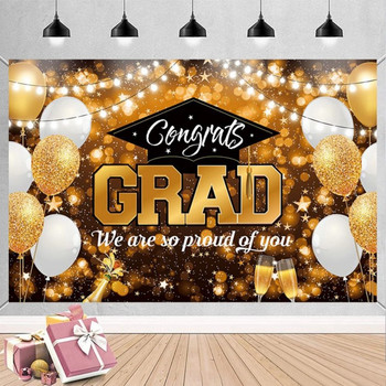 2023 Нов черен златен фон за поздравления за дипломиране Чанта за подаръци Graduate Party Decor Supplies Anniversity Backdrop Graduate Decor