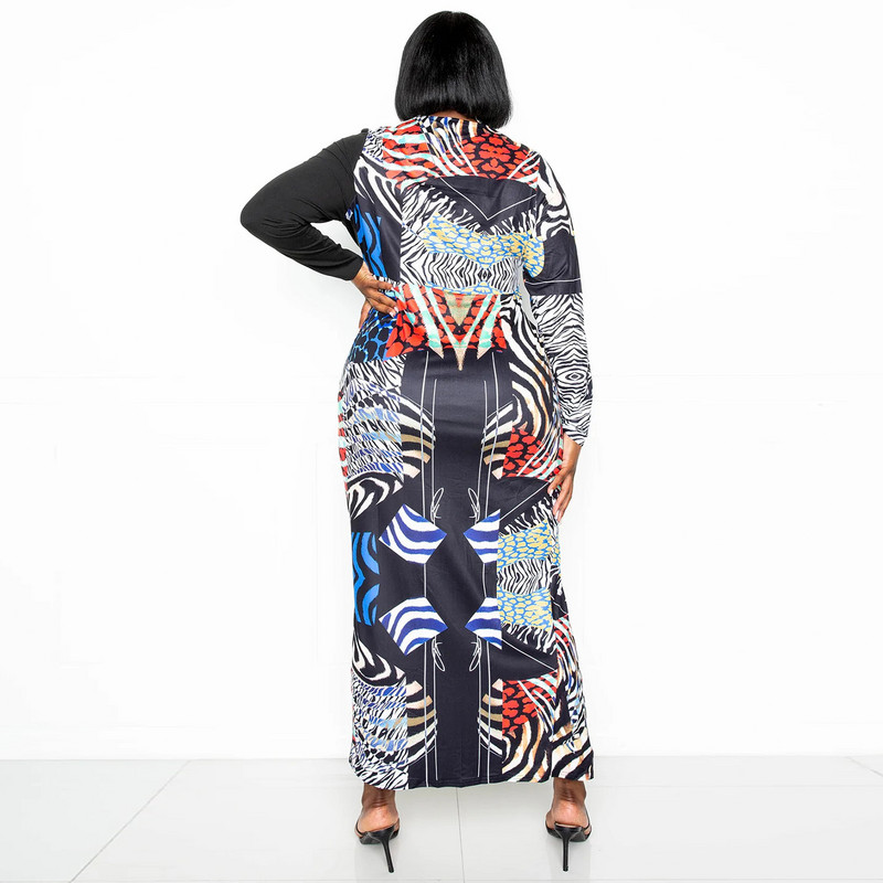 Liela izmēra sieviešu eleganta kleita ar raibiem apdrukām Apdrukāta ballīšu kleita 2022. gada rudenī ikdienišķs vakara halāts ar V kakla izgriezumu, sieviešu grezns dizainera audums