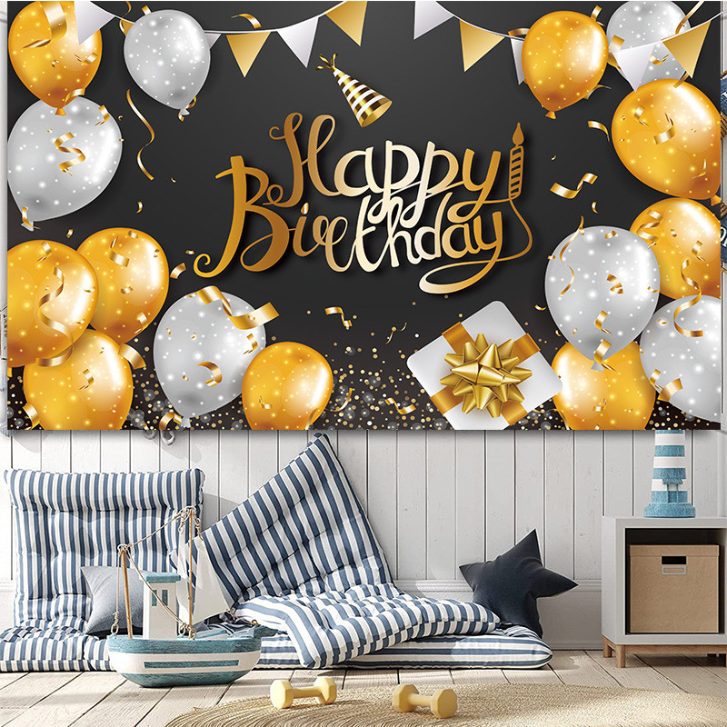 Születésnapi parti dekoráció Születésnapi háttér zászló fekete és arany léggömb dekoráció háttér textil party zászló dekoráció