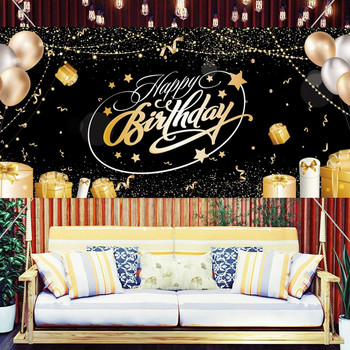 Черно злато Честит рожден ден Фон Декорация за парти за рожден ден Фон за рожден ден Банер Златен блясък Висящо знаме Годишнина