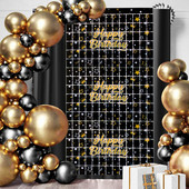 Ballītes fona aizkari Mirdzoši melni zelta vizulis Bārkstis folijas aizkaru fons Daudz laimes dzimšanas dienā rotājums pieaugušajiem gadadiena