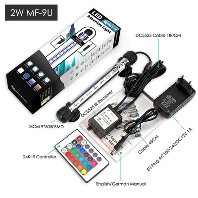 EU Plug Aquarium Fish Tank LED lemputė RGB spalvinga povandeninė povandeninė šviesos juosta, vandeniui atspari 5050 SMD vandens lempa su nuotolinio valdymo pultu
