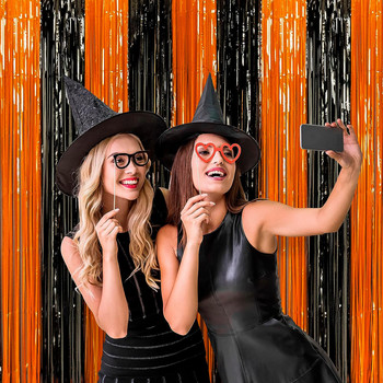 Halloween Party Backdrop Μεταλλικό Φίλ Κουρτίνες με κρόσσια Πορτοκαλί Μαύρο Bachelorette Διακόσμηση Γάμου γενεθλίων
