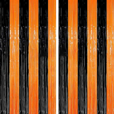 Halloween Party Háttér Fémes talmi fólia rojtos függönyök narancssárga fekete lányka születésnapi esküvői dekoráció