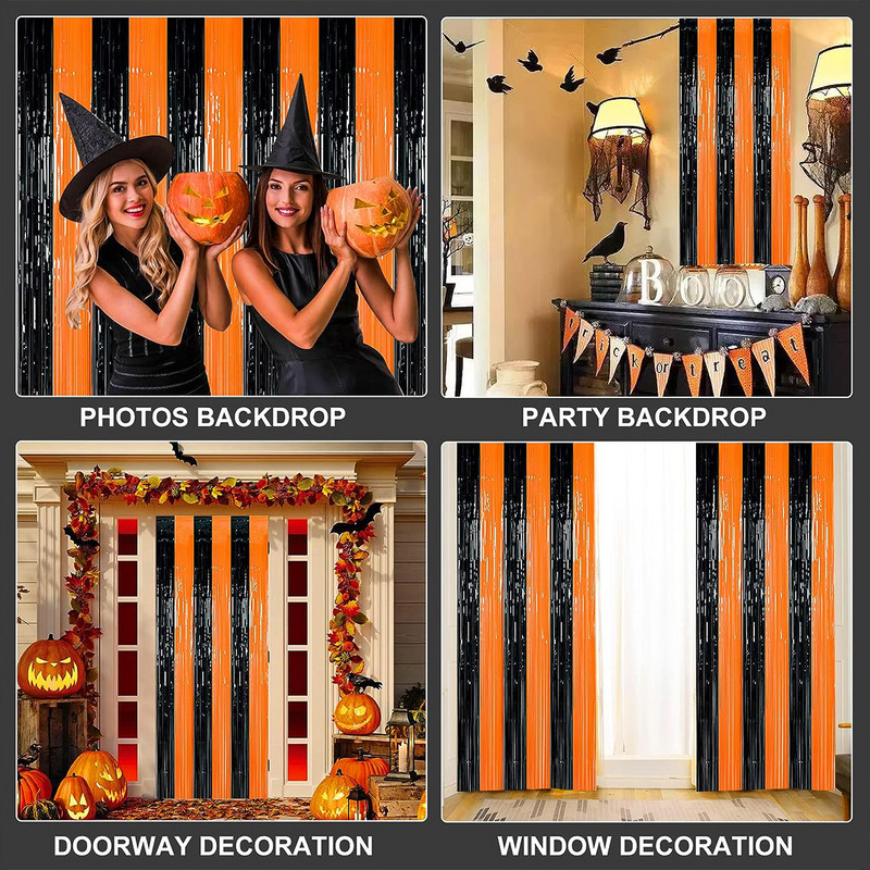Halloween Party Háttér Fémes talmi fólia rojtos függönyök narancssárga fekete lányka születésnapi esküvői dekoráció