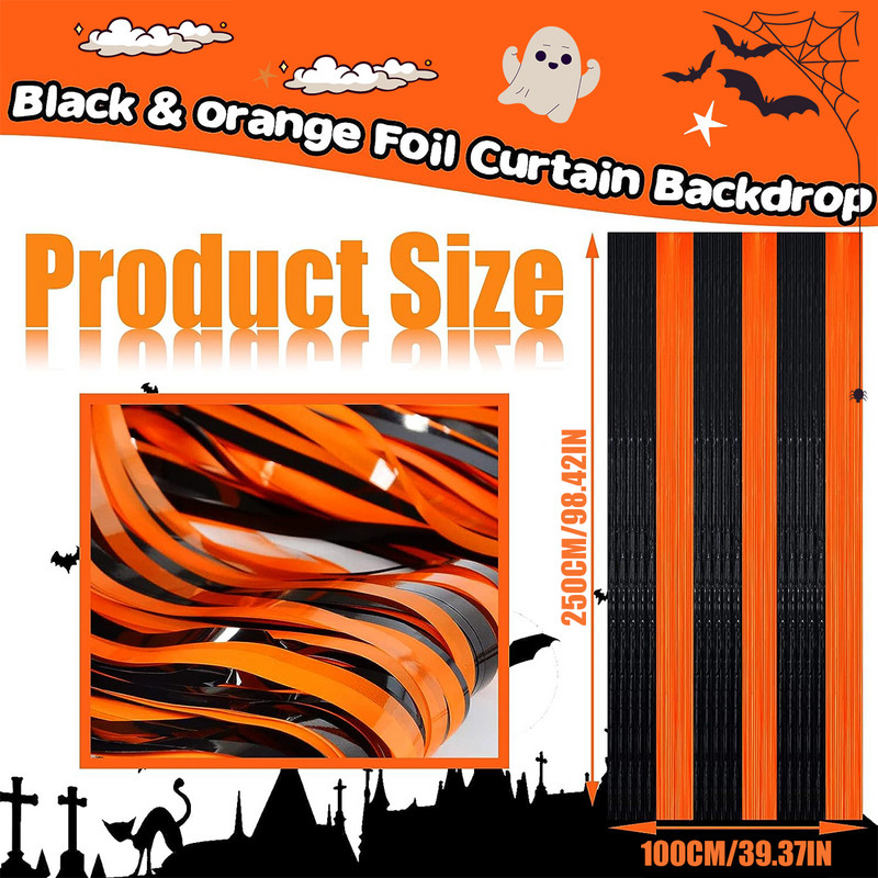 Halloween Party Háttér Fémes talmi fólia rojtos függönyök narancssárga fekete lányka születésnapi esküvői dekoráció