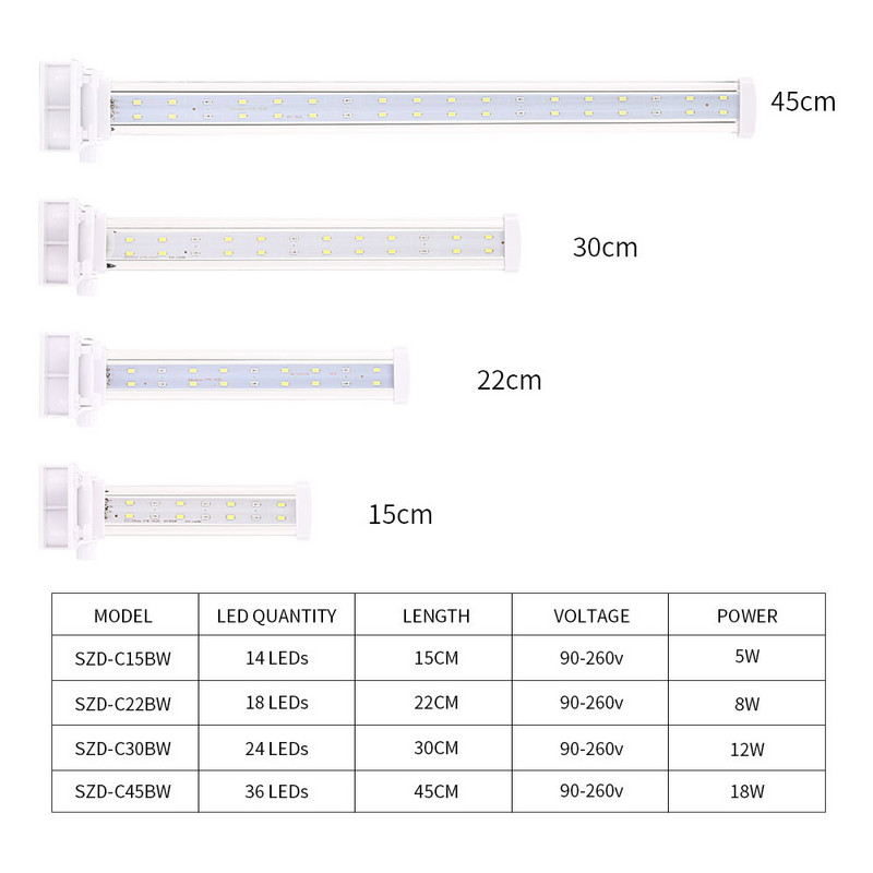 LED akvariumo apšvietimas RGB vandens augalų apšvietimas, 15–45 cm mėlynos baltos šviesos, reguliuojamas prisegimas, skirtas žuvų tanko spalvotai lempai AC100–240 V