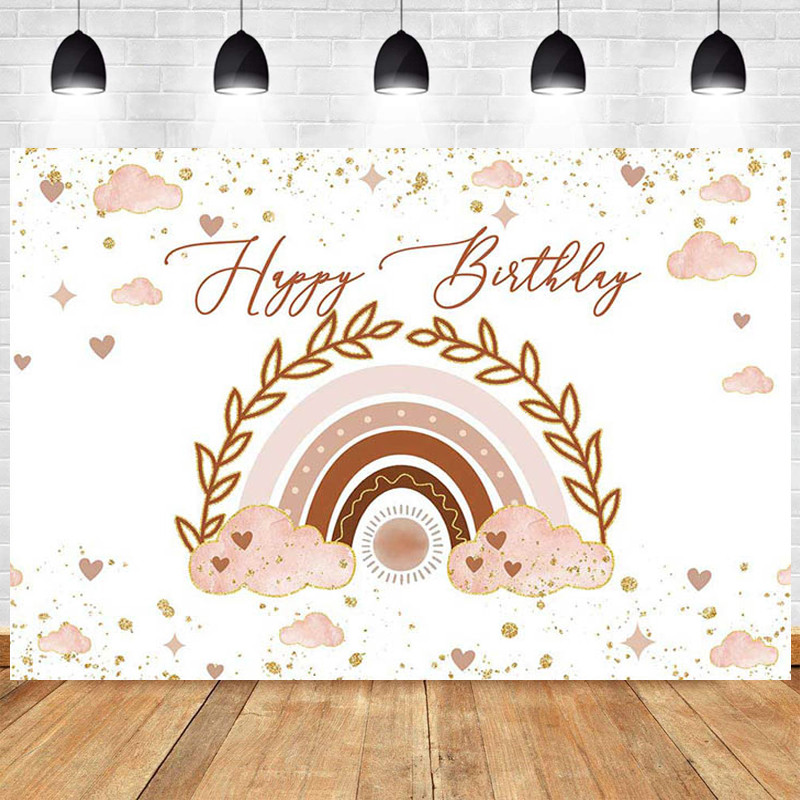 Fundal personalizabil pentru ziua de naștere cu curcubeu boem, iarbă de pampas, pentru copii, pentru prima zi de naștere, pentru prima dată, fundal pentru tort