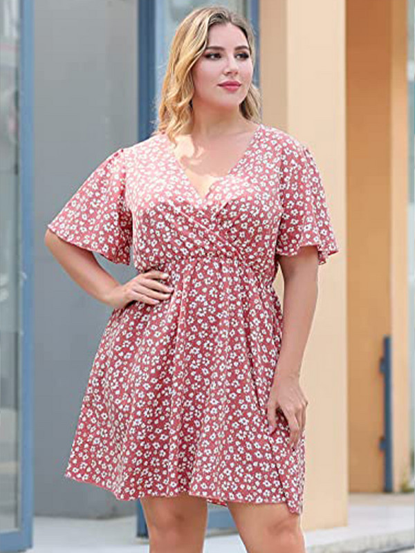 2022. gada lielizmēra sieviešu apģērbi vienkrāsains V kakla kleita, ielu modes stila vasaras eleganti ziedi kleitas ar īsām piedurknēm