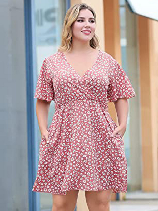 2022. gada lielizmēra sieviešu apģērbi vienkrāsains V kakla kleita, ielu modes stila vasaras eleganti ziedi kleitas ar īsām piedurknēm