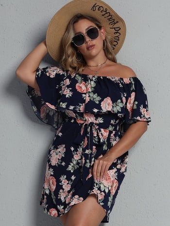 Γυναικεία Φορέματα σε Plus Size 2022 Beach Style Slash λαιμόκοψη κοντό μανίκι με φλοράλ στάμπα ψηλόμεση Φαρδύ μίνι φόρεμα Μεγάλα τουνίκ