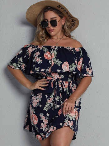 Γυναικεία Φορέματα σε Plus Size 2022 Beach Style Slash λαιμόκοψη κοντό μανίκι με φλοράλ στάμπα ψηλόμεση Φαρδύ μίνι φόρεμα Μεγάλα τουνίκ