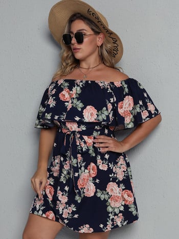 Γυναικεία Φορέματα σε Plus Size 2022 Beach Style Slash λαιμόκοψη κοντό μανίκι με φλοράλ στάμπα ψηλόμεση Φαρδύ μίνι φόρεμα Μεγάλα τουνίκ