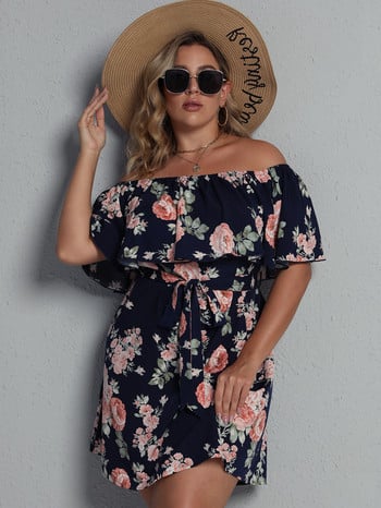 Γυναικεία Φορέματα σε Plus Size 2022 Beach Style Slash λαιμόκοψη κοντό μανίκι με φλοράλ στάμπα ψηλόμεση Φαρδύ μίνι φόρεμα Μεγάλα τουνίκ