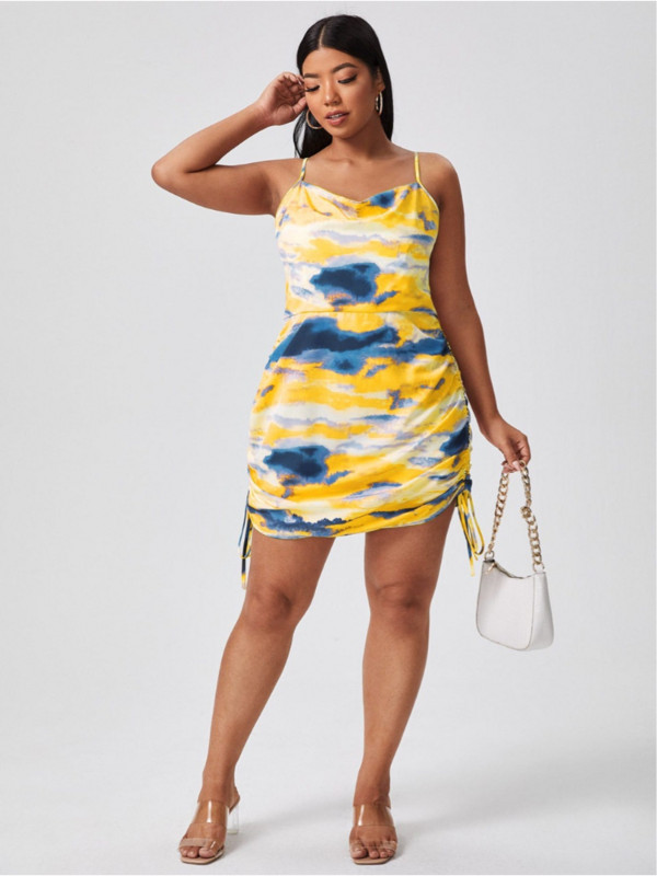 Spot resns mm temperaments svārstās vidukļa siksnas tipa īsi svārki dzelteni ar kaklasaiti apdrukāta siksniņa kleita liela izmēra vasaras kleitas