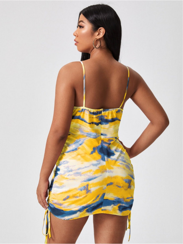 Spot resns mm temperaments svārstās vidukļa siksnas tipa īsi svārki dzelteni ar kaklasaiti apdrukāta siksniņa kleita liela izmēra vasaras kleitas