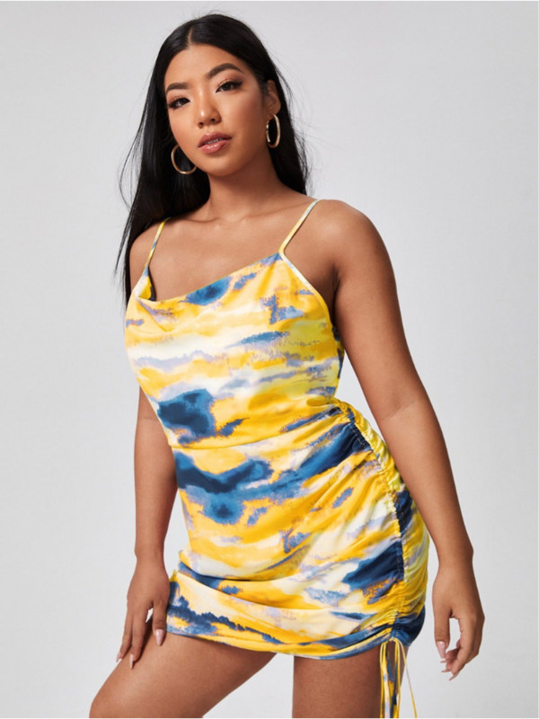 Spot resns mm temperaments svārstās vidukļa siksnas tipa īsi svārki dzelteni ar kaklasaiti apdrukāta siksniņa kleita liela izmēra vasaras kleitas