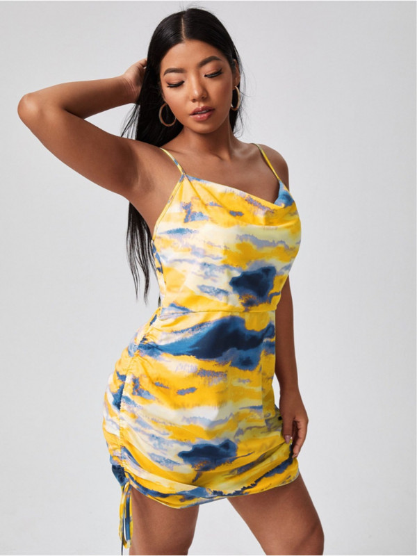 Spot resns mm temperaments svārstās vidukļa siksnas tipa īsi svārki dzelteni ar kaklasaiti apdrukāta siksniņa kleita liela izmēra vasaras kleitas