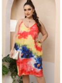 Plus size σέξι φόρεμα με τιράντες, βαμμένο και εμπριμέ, φόρεμα διπλής τσέπης χωρίς τοποθέτηση φορέματα πάρτι