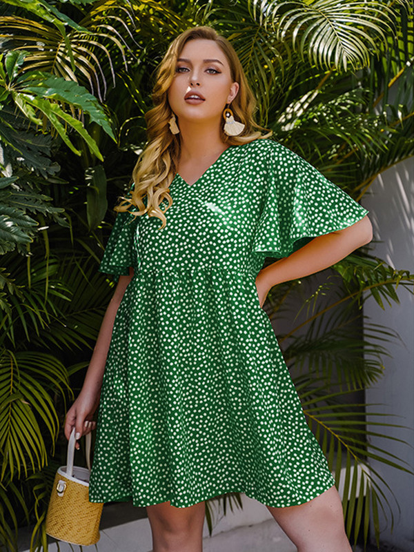 Rohelised suures suuruses kleidid suvised V kaelusega lühikeste varrukatega täpiline Bohemian Beach minikleit avara suurtes suurustes riided naistele 2022