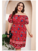 Rochie boemă roșie cu imprimeu One Line Deck Fusta scurtă largi rochii marimi mari de pe umăr pentru femei