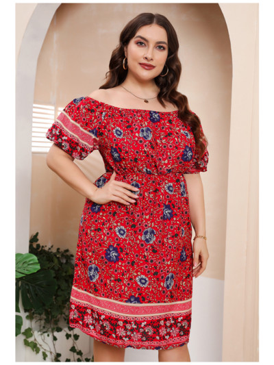 Rochie boemă roșie cu imprimeu One Line Deck Fusta scurtă largi rochii marimi mari de pe umăr pentru femei