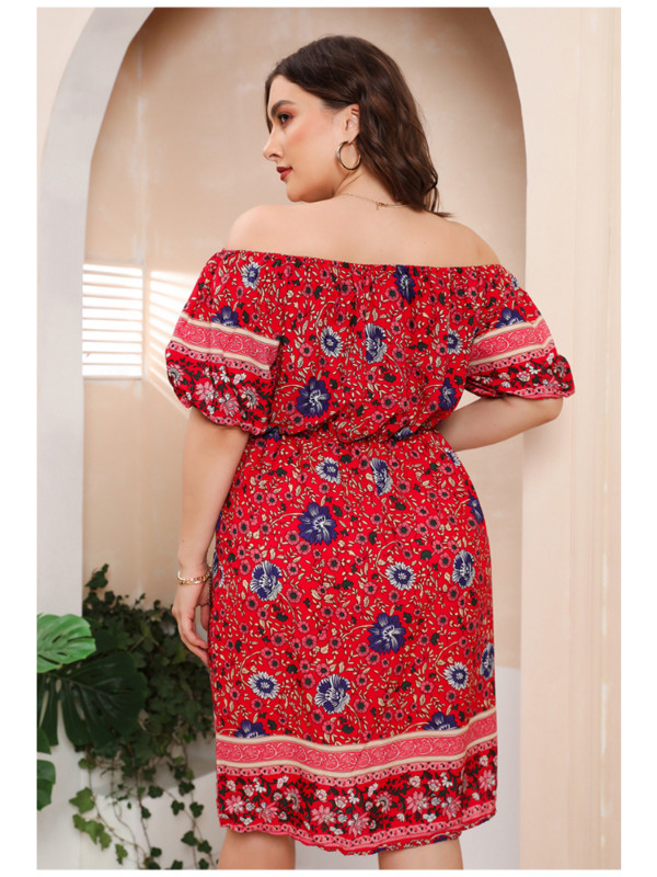 Rochie boemă roșie cu imprimeu One Line Deck Fusta scurtă largi rochii marimi mari de pe umăr pentru femei