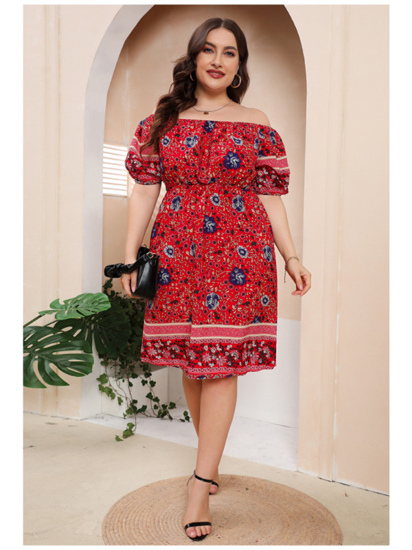 Rochie boemă roșie cu imprimeu One Line Deck Fusta scurtă largi rochii marimi mari de pe umăr pentru femei