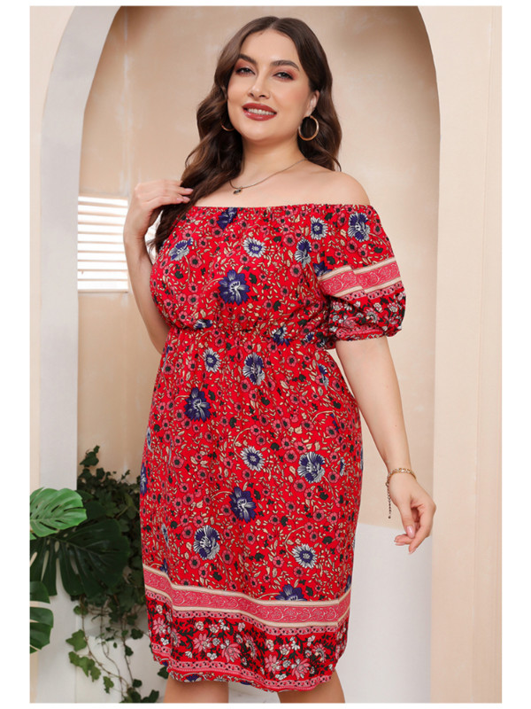 Rochie boemă roșie cu imprimeu One Line Deck Fusta scurtă largi rochii marimi mari de pe umăr pentru femei