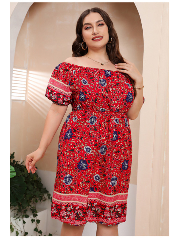 Rochie boemă roșie cu imprimeu One Line Deck Fusta scurtă largi rochii marimi mari de pe umăr pentru femei