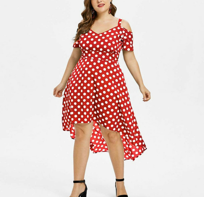 Liela izmēra sieviešu apģērbi vasaras kleita, siksniņas bez rāvējslēdzēja polka-punktveida īsām piedurknēm, lielām šūpolēm Eleganta neregulāra tikšanās