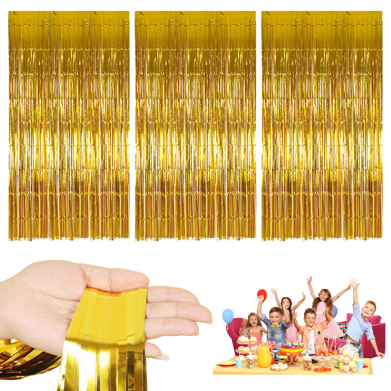 3db Party dekoráció Fólia Rojtos Függöny Streamers Esküvői Háttér Ajtó Születésnapi PET Műanyag Arany Talmi 1x2m Photo Booth
