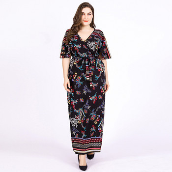 Floral Boho Beach Φόρεμα Plus Size Γυναικείο Καλοκαιρινό βολάν V λαιμόκοψη κοντά μανίκια Λουλούδι Μακρι Φορέματα Γυναικεία τουνίκ φόρεμα