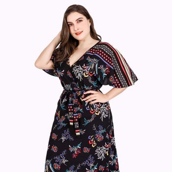 Floral Boho Beach Φόρεμα Plus Size Γυναικείο Καλοκαιρινό βολάν V λαιμόκοψη κοντά μανίκια Λουλούδι Μακρι Φορέματα Γυναικεία τουνίκ φόρεμα