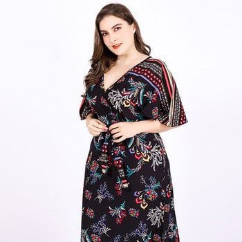 Floral Boho Beach Φόρεμα Plus Size Γυναικείο Καλοκαιρινό βολάν V λαιμόκοψη κοντά μανίκια Λουλούδι Μακρι Φορέματα Γυναικεία τουνίκ φόρεμα